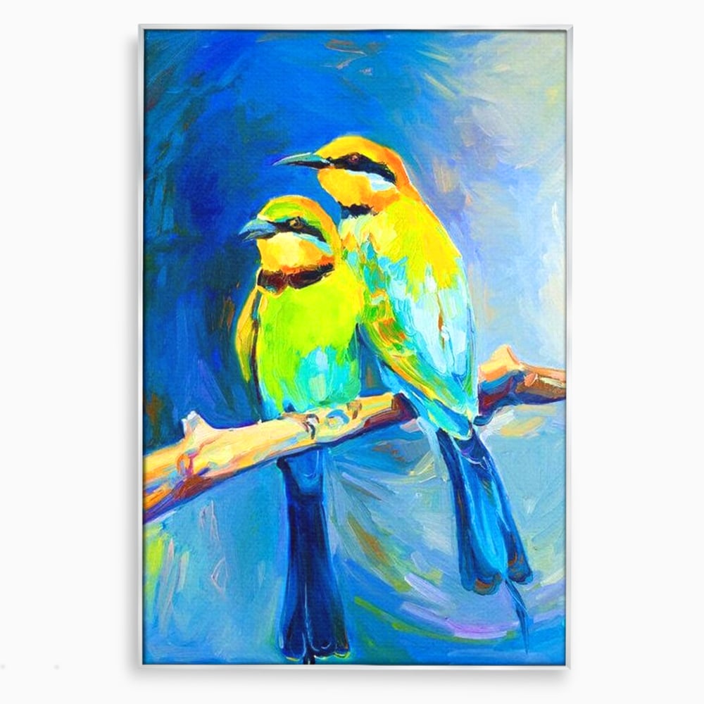 Tablou Canvas Premium, LuxCanva® M1037, Tandrete in Tonuri Reci, Cobalt, Albastru, Pasari, Pereche, Acuarela, Pictura, Creanga, Contrast, Birou, Living, Camera Copil