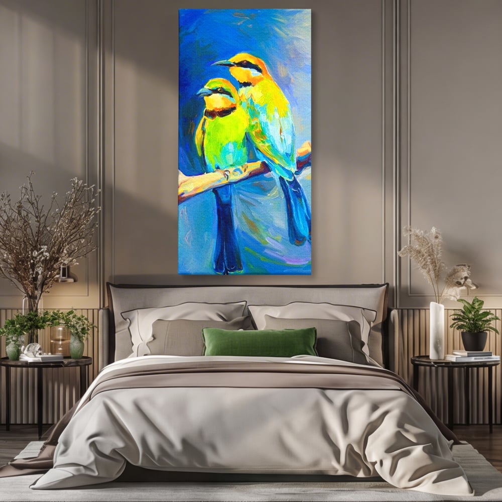 Tablou Canvas Premium, LuxCanva® M1037, Tandrete in Tonuri Reci, Cobalt, Albastru, Pasari, Pereche, Acuarela, Pictura, Creanga, Contrast, Birou, Living, Camera Copil