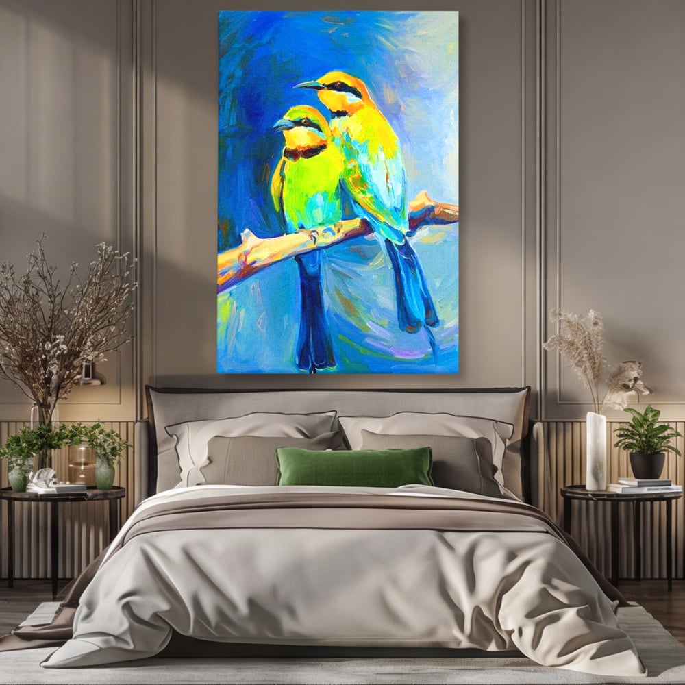 Tablou Canvas Premium, LuxCanva® M1037, Tandrete in Tonuri Reci, Cobalt, Albastru, Pasari, Pereche, Acuarela, Pictura, Creanga, Contrast, Birou, Living, Camera Copil
