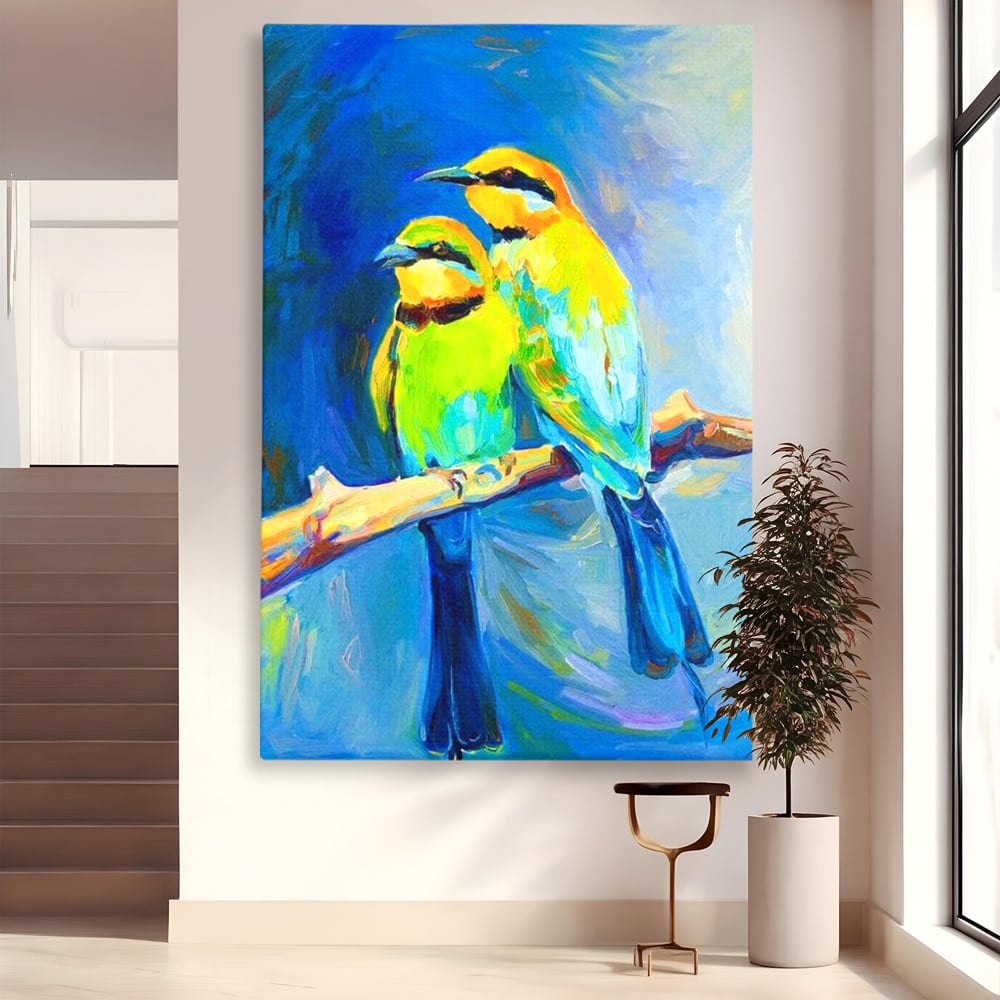 Tablou Canvas Premium, LuxCanva® M1037, Tandrete in Tonuri Reci, Cobalt, Albastru, Pasari, Pereche, Acuarela, Pictura, Creanga, Contrast, Birou, Living, Camera Copil