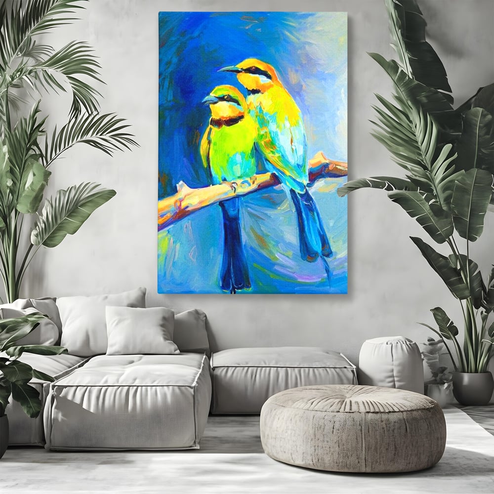Tablou Canvas Premium, LuxCanva® M1037, Tandrete in Tonuri Reci, Cobalt, Albastru, Pasari, Pereche, Acuarela, Pictura, Creanga, Contrast, Birou, Living, Camera Copil