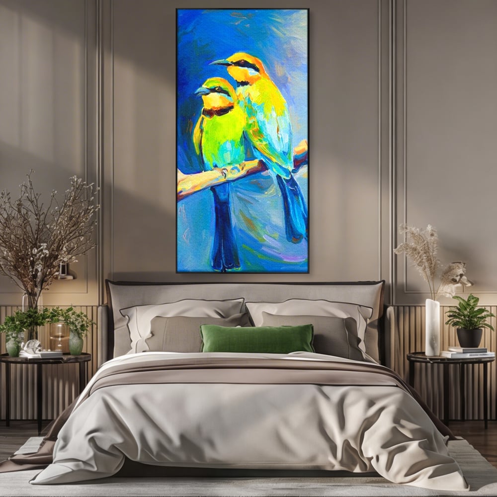 Tablou Canvas Premium, LuxCanva® M1037, Tandrete in Tonuri Reci, Cobalt, Albastru, Pasari, Pereche, Acuarela, Pictura, Creanga, Contrast, Birou, Living, Camera Copil