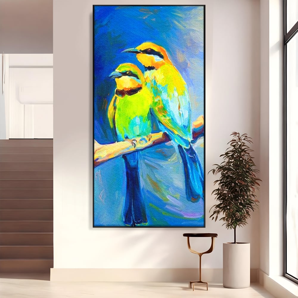Tablou Canvas Premium, LuxCanva® M1037, Tandrete in Tonuri Reci, Cobalt, Albastru, Pasari, Pereche, Acuarela, Pictura, Creanga, Contrast, Birou, Living, Camera Copil