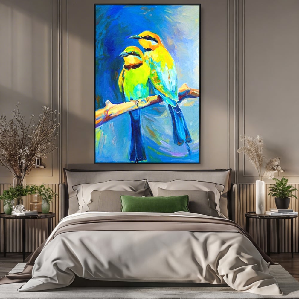 Tablou Canvas Premium, LuxCanva® M1037, Tandrete in Tonuri Reci, Cobalt, Albastru, Pasari, Pereche, Acuarela, Pictura, Creanga, Contrast, Birou, Living, Camera Copil
