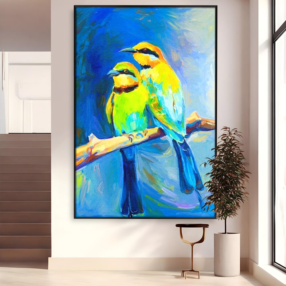Tablou Canvas Premium, LuxCanva® M1037, Tandrete in Tonuri Reci, Cobalt, Albastru, Pasari, Pereche, Acuarela, Pictura, Creanga, Contrast, Birou, Living, Camera Copil