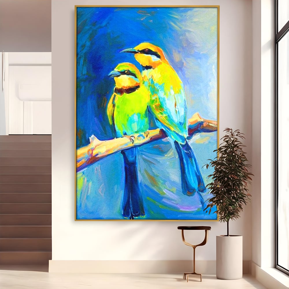 Tablou Canvas Premium, LuxCanva® M1037, Tandrete in Tonuri Reci, Cobalt, Albastru, Pasari, Pereche, Acuarela, Pictura, Creanga, Contrast, Birou, Living, Camera Copil
