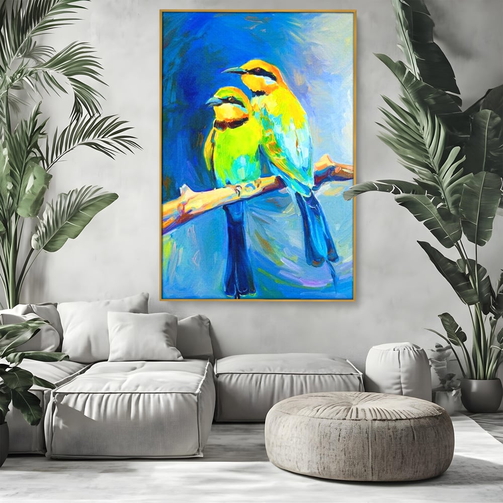 Tablou Canvas Premium, LuxCanva® M1037, Tandrete in Tonuri Reci, Cobalt, Albastru, Pasari, Pereche, Acuarela, Pictura, Creanga, Contrast, Birou, Living, Camera Copil