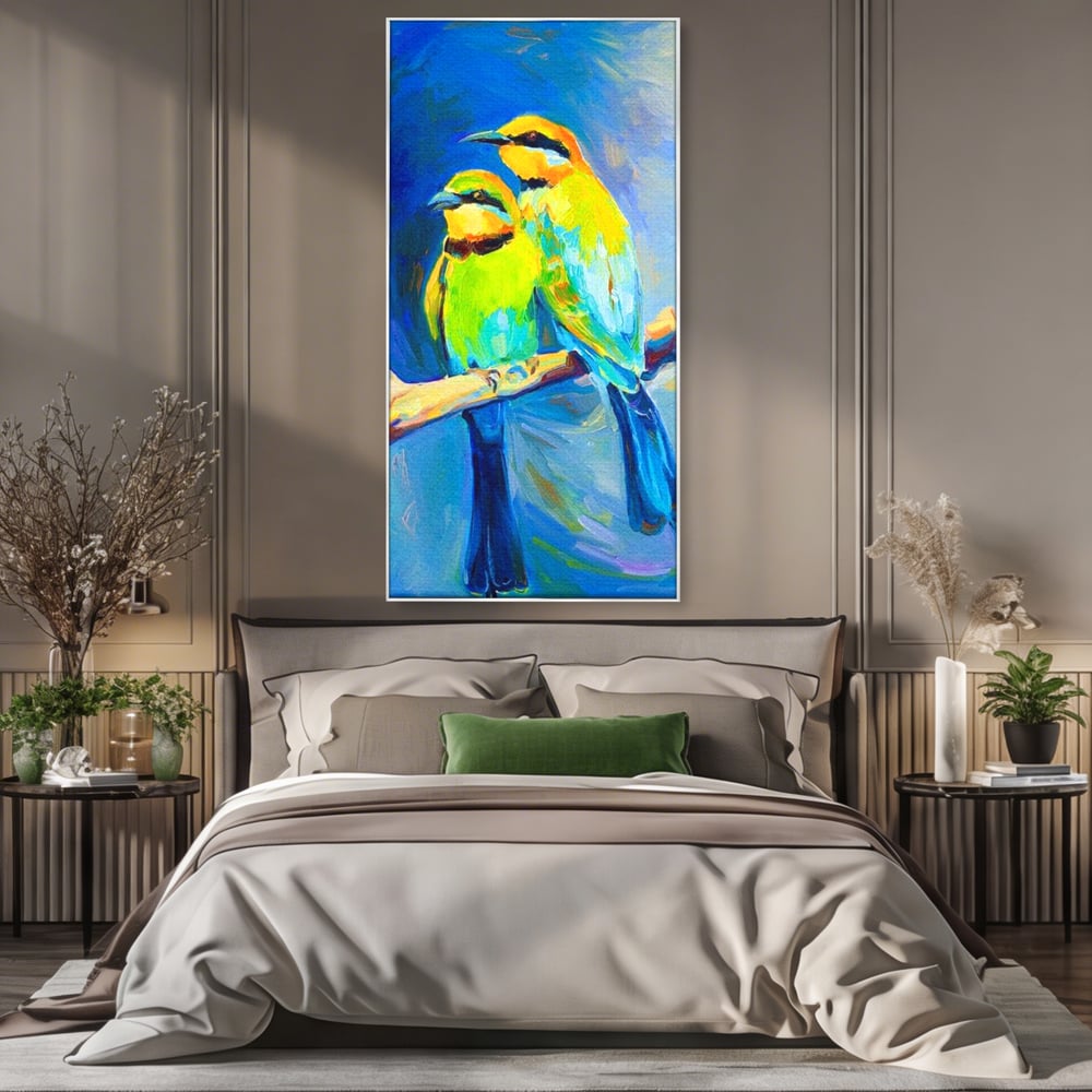 Tablou Canvas Premium, LuxCanva® M1037, Tandrete in Tonuri Reci, Cobalt, Albastru, Pasari, Pereche, Acuarela, Pictura, Creanga, Contrast, Birou, Living, Camera Copil