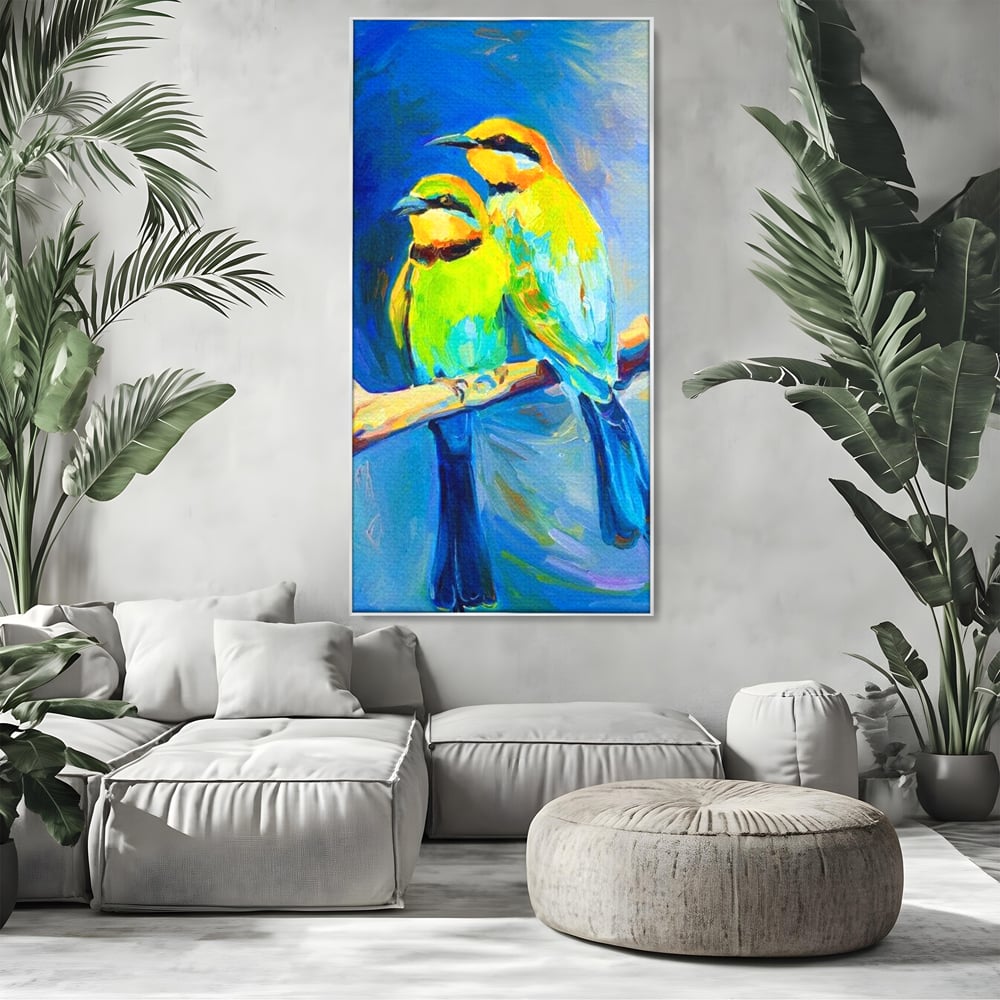 Tablou Canvas Premium, LuxCanva® M1037, Tandrete in Tonuri Reci, Cobalt, Albastru, Pasari, Pereche, Acuarela, Pictura, Creanga, Contrast, Birou, Living, Camera Copil