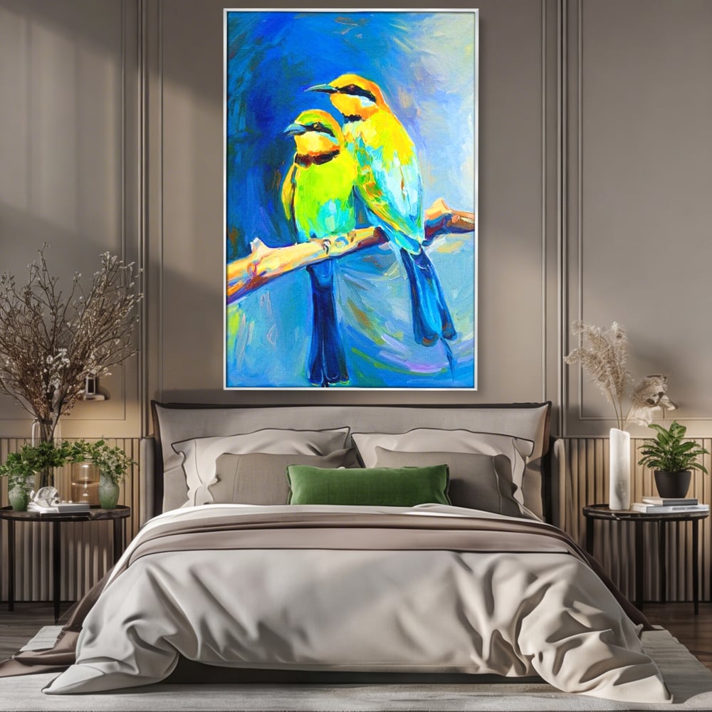 Tablou Canvas Premium, LuxCanva® M1037, Tandrete in Tonuri Reci, Cobalt, Albastru, Pasari, Pereche, Acuarela, Pictura, Creanga, Contrast, Birou, Living, Camera Copil