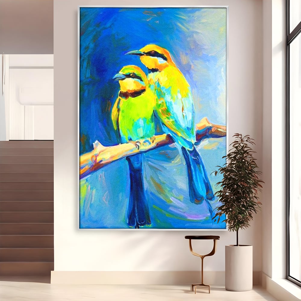 Tablou Canvas Premium, LuxCanva® M1037, Tandrete in Tonuri Reci, Cobalt, Albastru, Pasari, Pereche, Acuarela, Pictura, Creanga, Contrast, Birou, Living, Camera Copil
