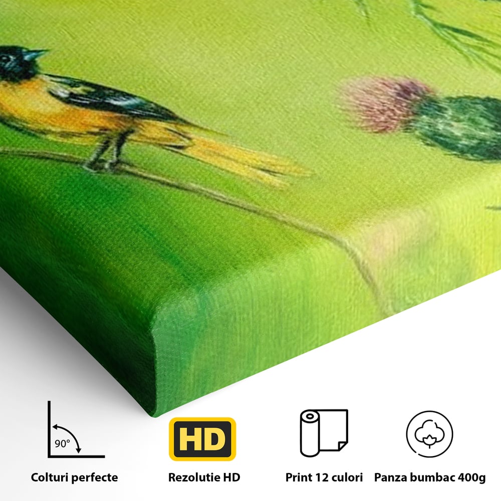 Tablou Canvas Premium, LuxCanva® M1038, Verde in Doi Timpi, Verde, Primavara, Vegetatie, Ciulini, Pasari, Zbor, Iarba, Natura, Contrast, Birou, Living, Camera Copil