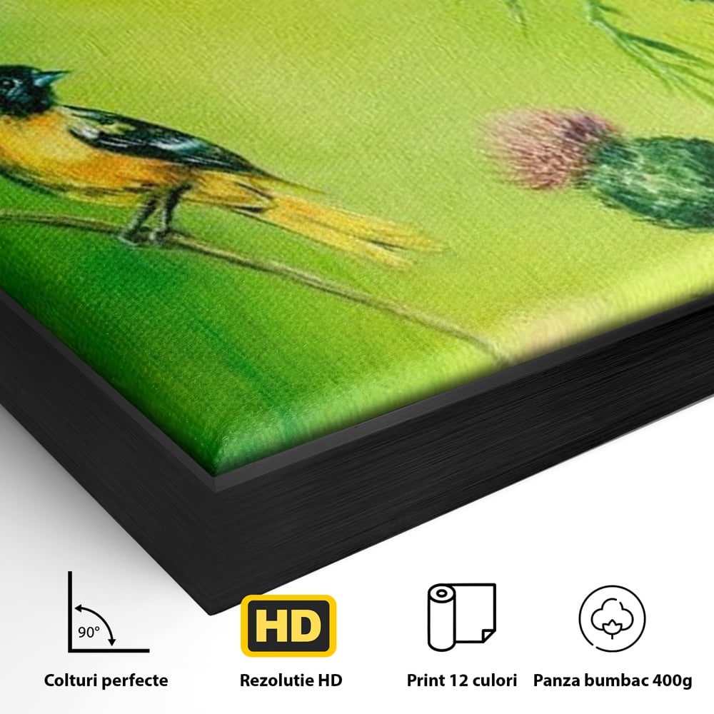 Tablou Canvas Premium, LuxCanva® M1038, Verde in Doi Timpi, Verde, Primavara, Vegetatie, Ciulini, Pasari, Zbor, Iarba, Natura, Contrast, Birou, Living, Camera Copil