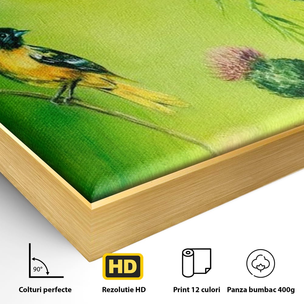 Tablou Canvas Premium, LuxCanva® M1038, Verde in Doi Timpi, Verde, Primavara, Vegetatie, Ciulini, Pasari, Zbor, Iarba, Natura, Contrast, Birou, Living, Camera Copil