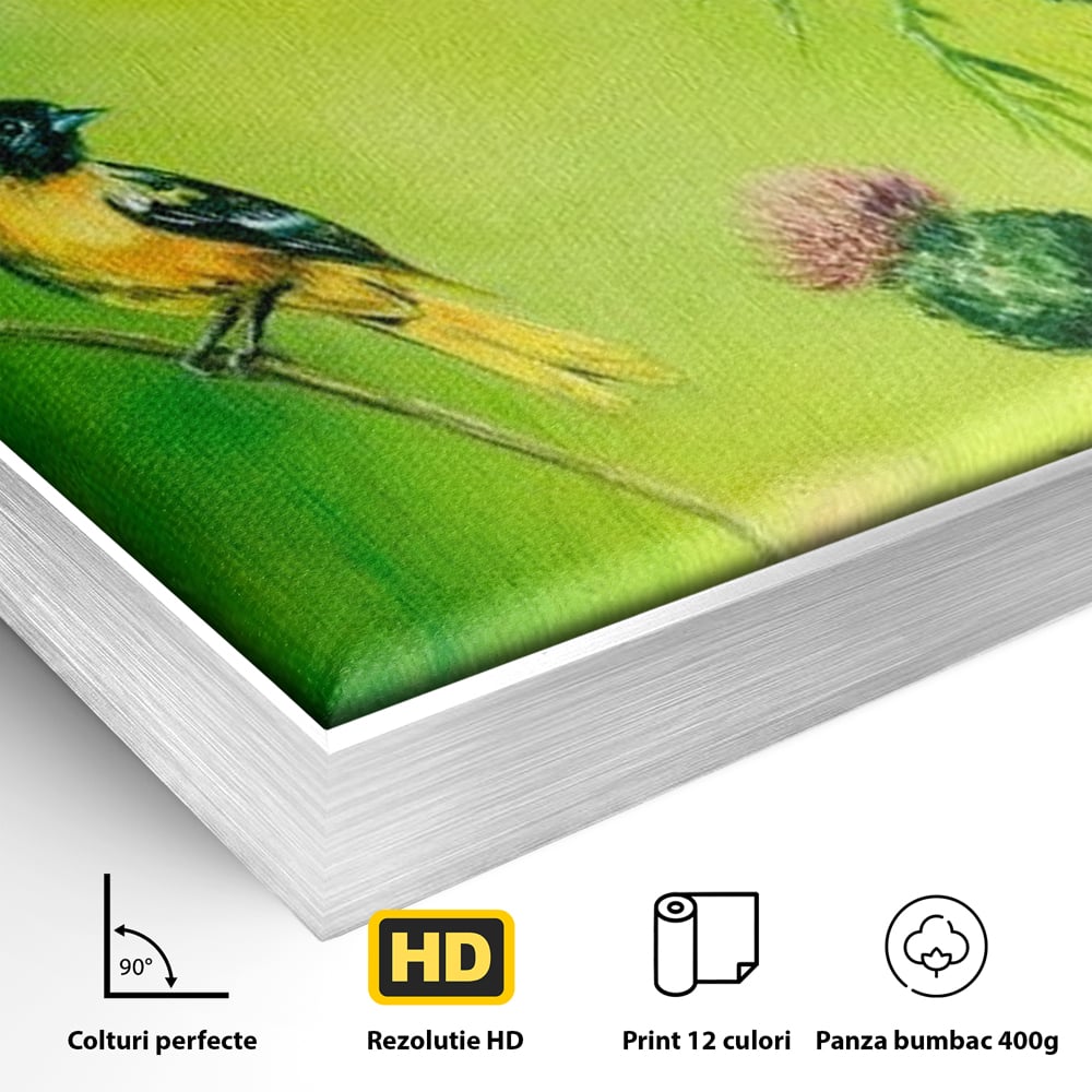 Tablou Canvas Premium, LuxCanva® M1038, Verde in Doi Timpi, Verde, Primavara, Vegetatie, Ciulini, Pasari, Zbor, Iarba, Natura, Contrast, Birou, Living, Camera Copil