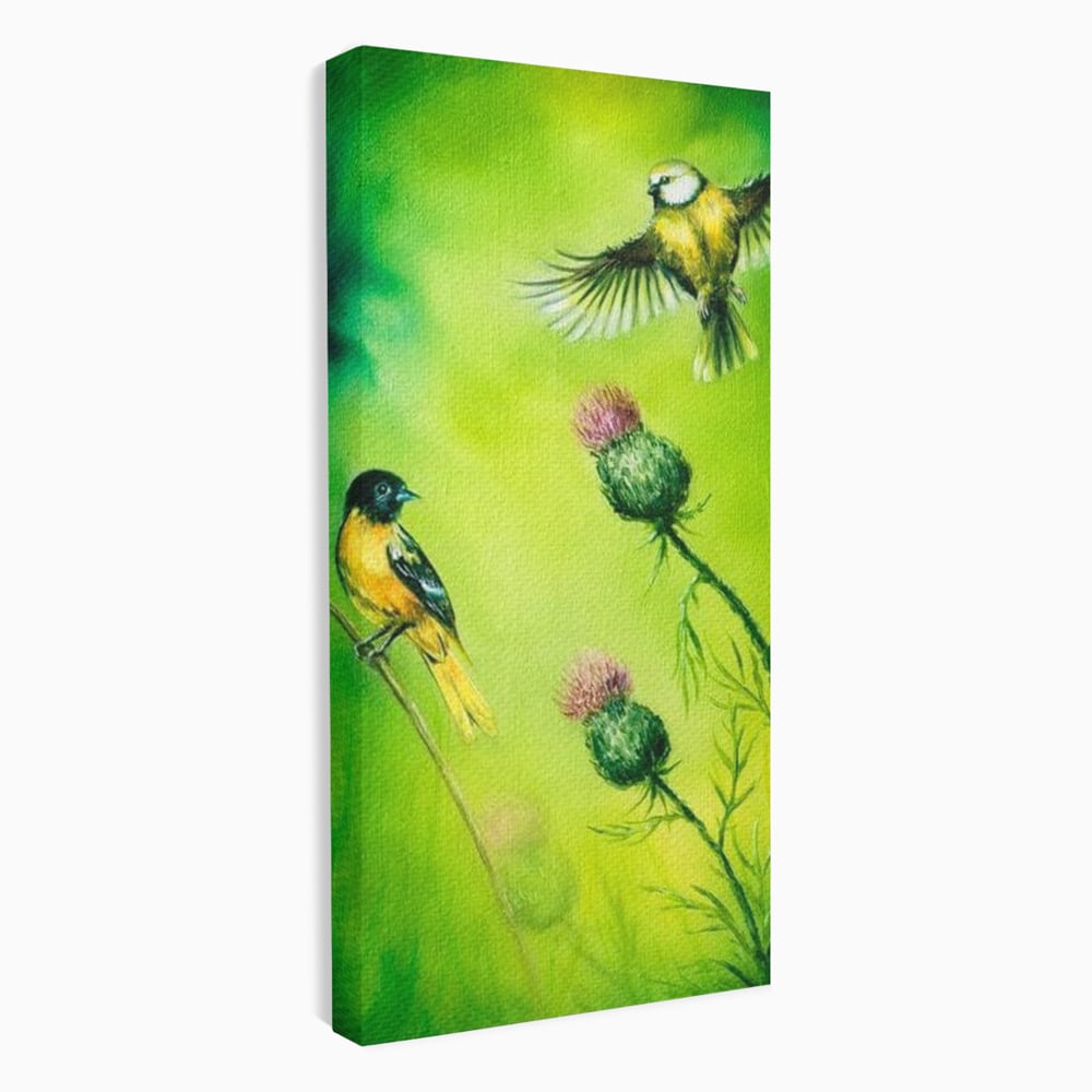 Tablou Canvas Premium, LuxCanva® M1038, Verde in Doi Timpi, Verde, Primavara, Vegetatie, Ciulini, Pasari, Zbor, Iarba, Natura, Contrast, Birou, Living, Camera Copil