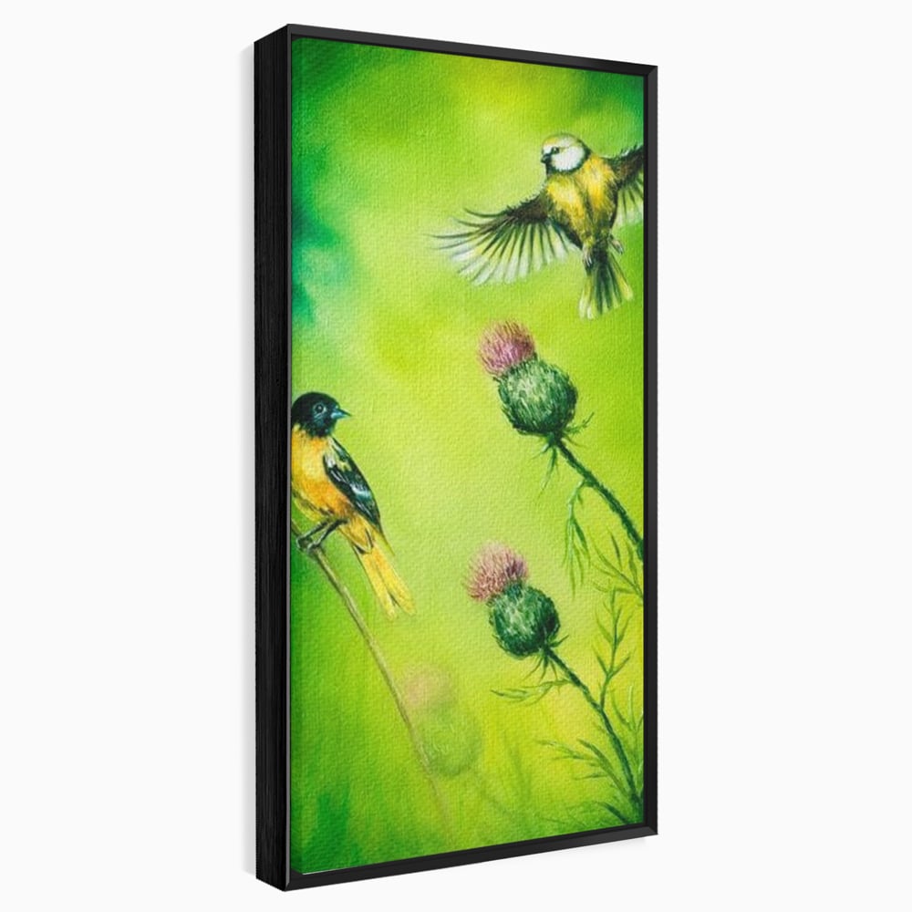 Tablou Canvas Premium, LuxCanva® M1038, Verde in Doi Timpi, Verde, Primavara, Vegetatie, Ciulini, Pasari, Zbor, Iarba, Natura, Contrast, Birou, Living, Camera Copil