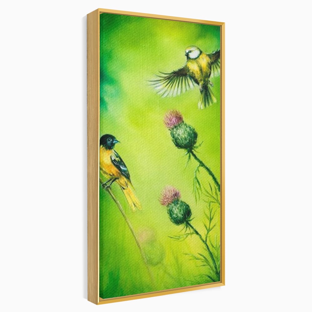 Tablou Canvas Premium, LuxCanva® M1038, Verde in Doi Timpi, Verde, Primavara, Vegetatie, Ciulini, Pasari, Zbor, Iarba, Natura, Contrast, Birou, Living, Camera Copil
