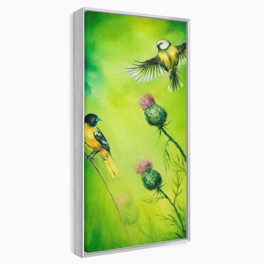 Tablou Canvas Premium, LuxCanva® M1038, Verde in Doi Timpi, Verde, Primavara, Vegetatie, Ciulini, Pasari, Zbor, Iarba, Natura, Contrast, Birou, Living, Camera Copil