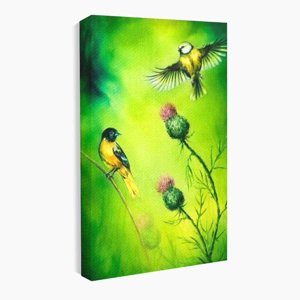 Tablou Canvas Premium, LuxCanva® M1038, Verde in Doi Timpi, Verde, Primavara, Vegetatie, Ciulini, Pasari, Zbor, Iarba, Natura, Contrast, Birou, Living, Camera Copil