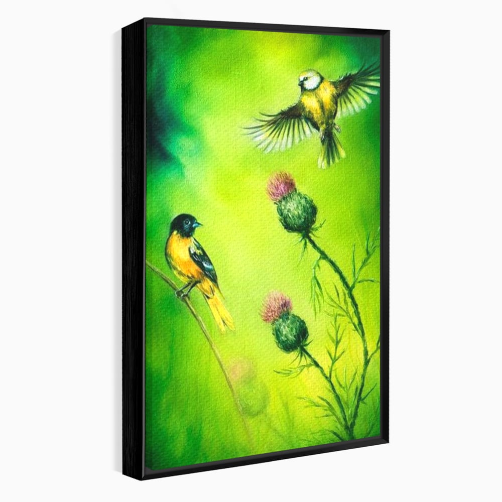 Tablou Canvas Premium, LuxCanva® M1038, Verde in Doi Timpi, Verde, Primavara, Vegetatie, Ciulini, Pasari, Zbor, Iarba, Natura, Contrast, Birou, Living, Camera Copil