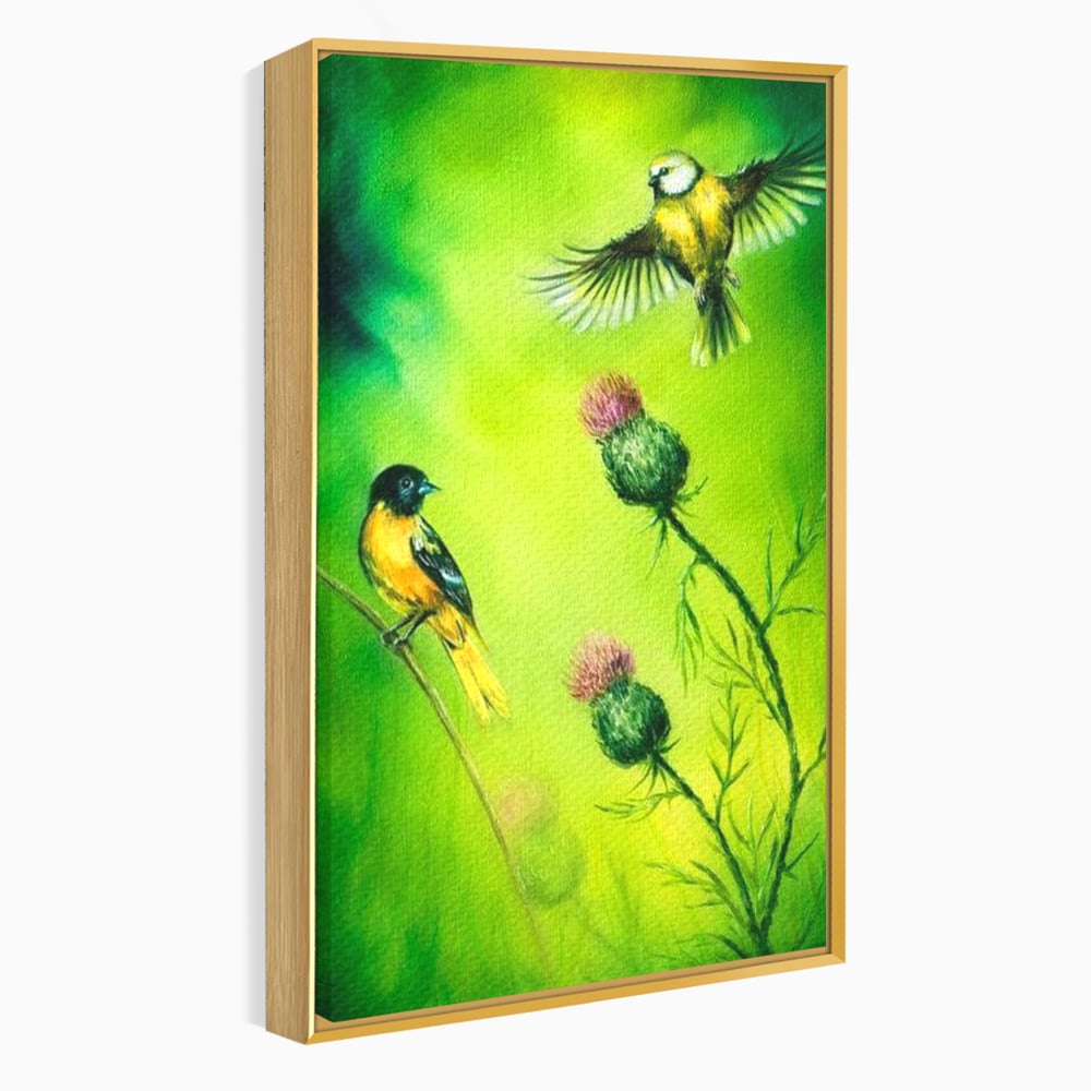Tablou Canvas Premium, LuxCanva® M1038, Verde in Doi Timpi, Verde, Primavara, Vegetatie, Ciulini, Pasari, Zbor, Iarba, Natura, Contrast, Birou, Living, Camera Copil