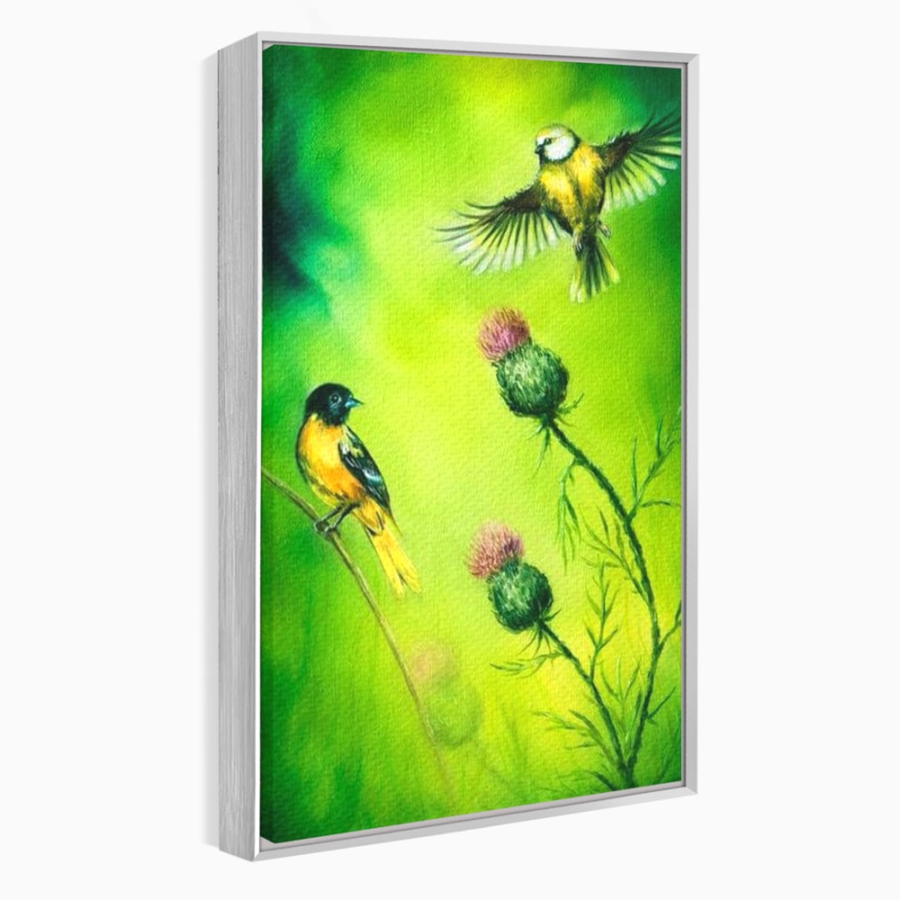 Tablou Canvas Premium, LuxCanva® M1038, Verde in Doi Timpi, Verde, Primavara, Vegetatie, Ciulini, Pasari, Zbor, Iarba, Natura, Contrast, Birou, Living, Camera Copil