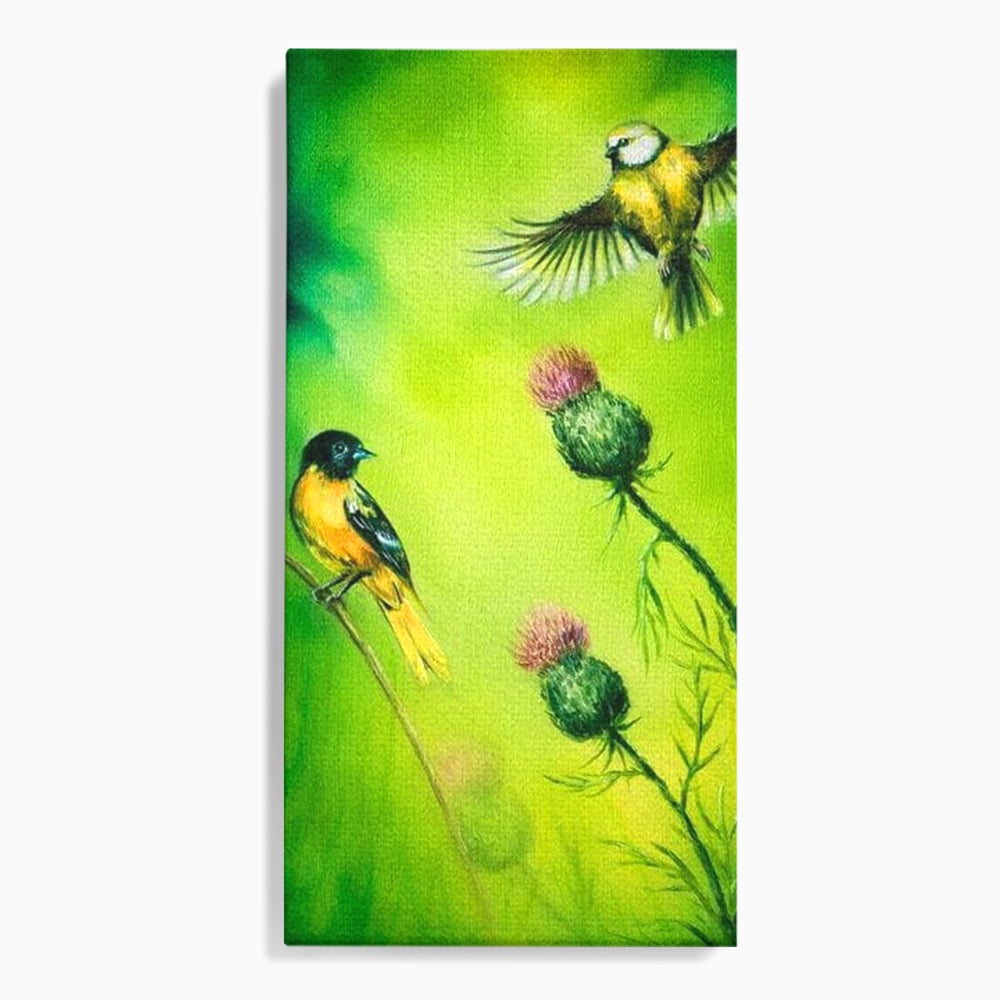 Tablou Canvas Premium, LuxCanva® M1038, Verde in Doi Timpi, Verde, Primavara, Vegetatie, Ciulini, Pasari, Zbor, Iarba, Natura, Contrast, Birou, Living, Camera Copil