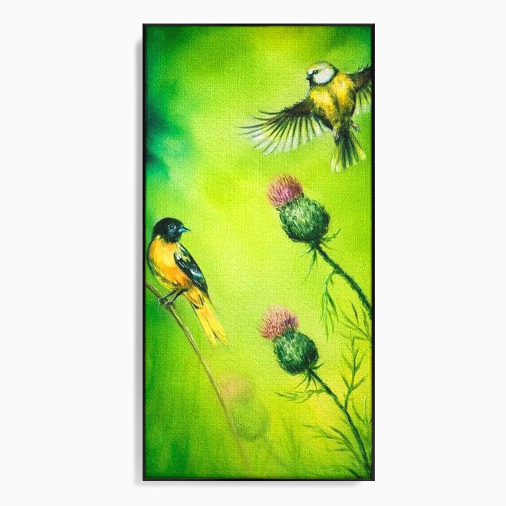 Tablou Canvas Premium, LuxCanva® M1038, Verde in Doi Timpi, Verde, Primavara, Vegetatie, Ciulini, Pasari, Zbor, Iarba, Natura, Contrast, Birou, Living, Camera Copil