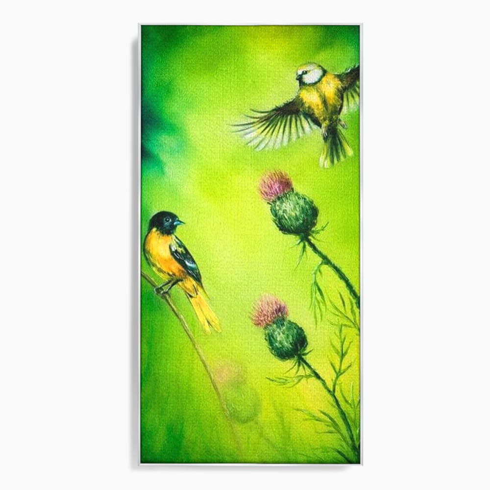 Tablou Canvas Premium, LuxCanva® M1038, Verde in Doi Timpi, Verde, Primavara, Vegetatie, Ciulini, Pasari, Zbor, Iarba, Natura, Contrast, Birou, Living, Camera Copil