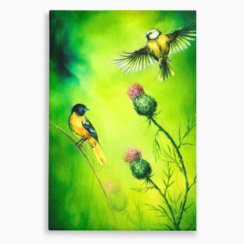 Tablou Canvas Premium, LuxCanva® M1038, Verde in Doi Timpi, Verde, Primavara, Vegetatie, Ciulini, Pasari, Zbor, Iarba, Natura, Contrast, Birou, Living, Camera Copil