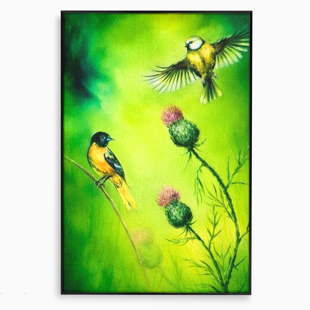 Tablou Canvas Premium, LuxCanva® M1038, Verde in Doi Timpi, Verde, Primavara, Vegetatie, Ciulini, Pasari, Zbor, Iarba, Natura, Contrast, Birou, Living, Camera Copil