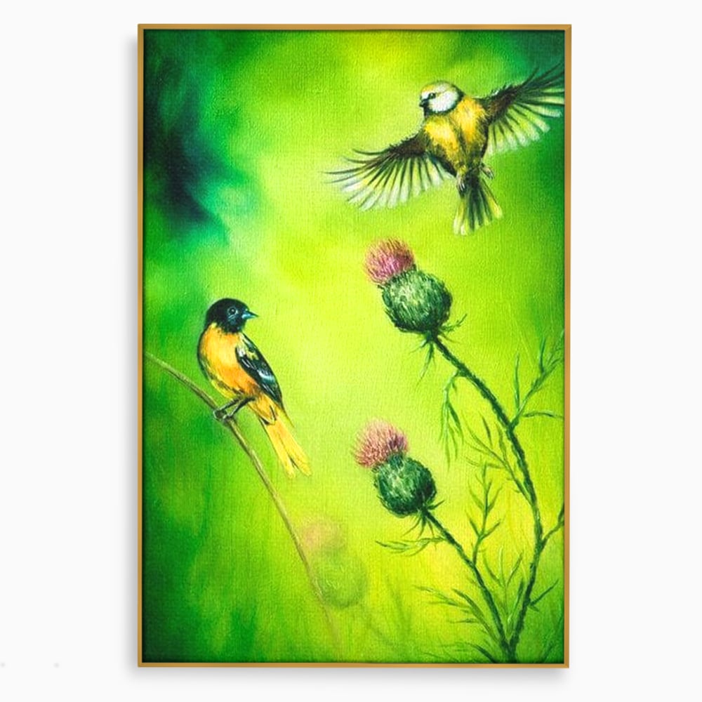 Tablou Canvas Premium, LuxCanva® M1038, Verde in Doi Timpi, Verde, Primavara, Vegetatie, Ciulini, Pasari, Zbor, Iarba, Natura, Contrast, Birou, Living, Camera Copil