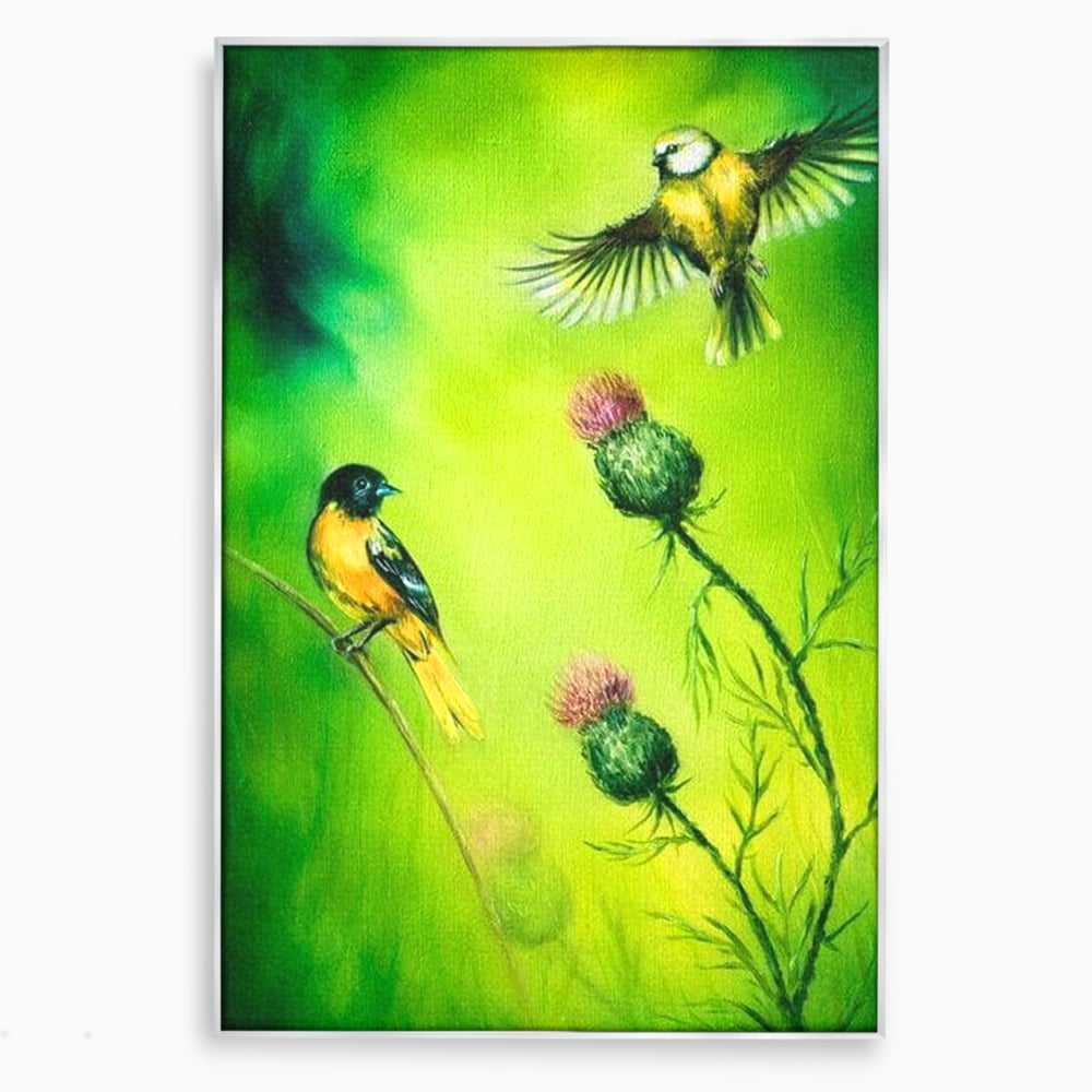 Tablou Canvas Premium, LuxCanva® M1038, Verde in Doi Timpi, Verde, Primavara, Vegetatie, Ciulini, Pasari, Zbor, Iarba, Natura, Contrast, Birou, Living, Camera Copil