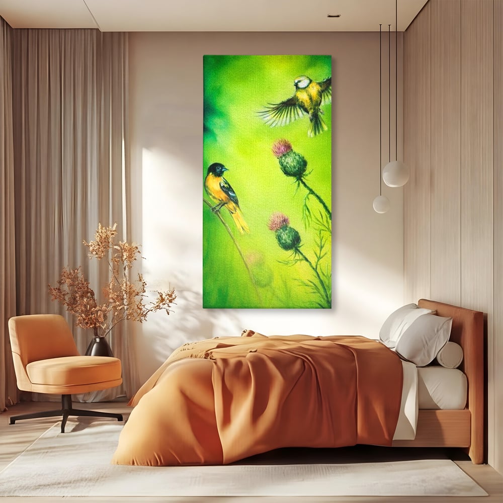Tablou Canvas Premium, LuxCanva® M1038, Verde in Doi Timpi, Verde, Primavara, Vegetatie, Ciulini, Pasari, Zbor, Iarba, Natura, Contrast, Birou, Living, Camera Copil