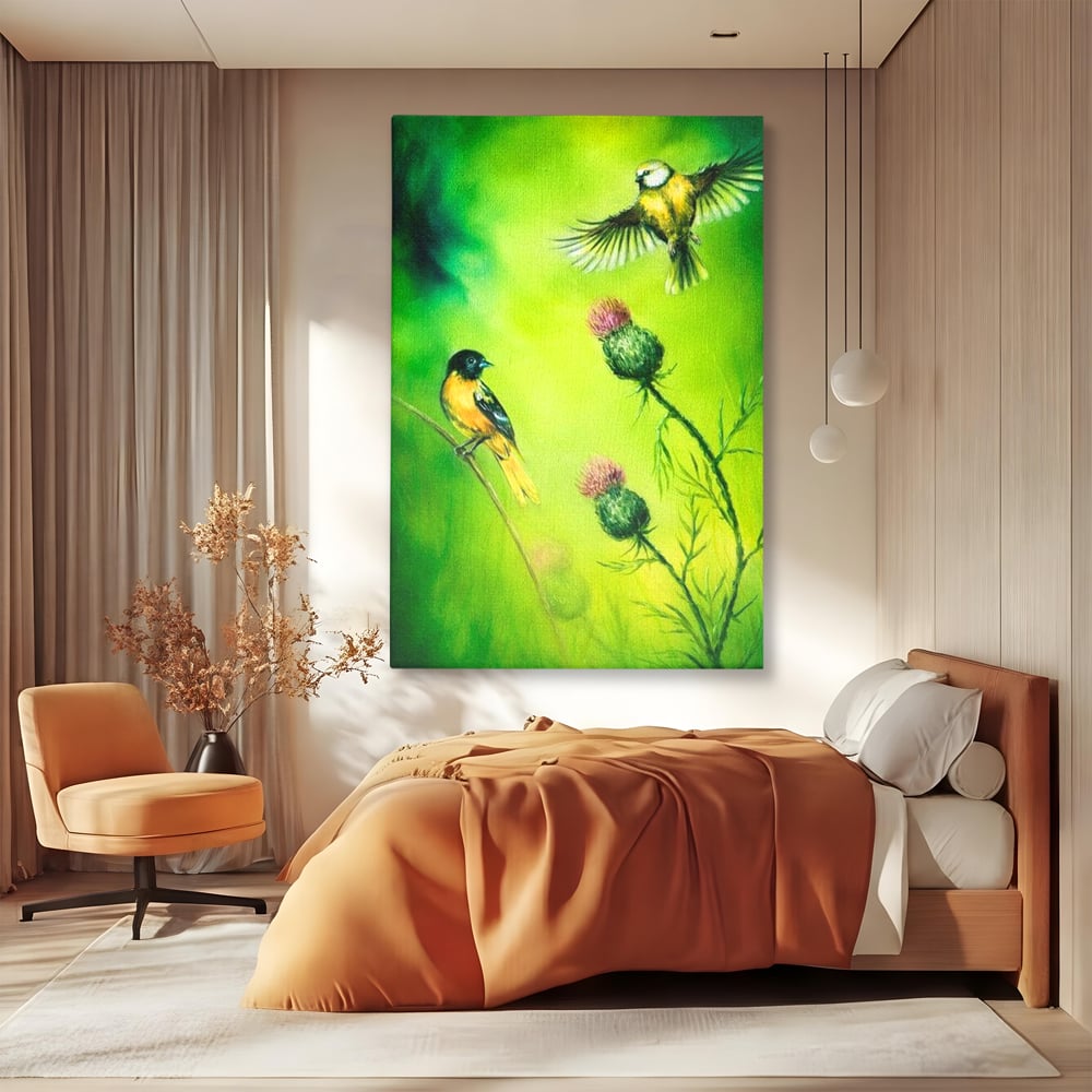 Tablou Canvas Premium, LuxCanva® M1038, Verde in Doi Timpi, Verde, Primavara, Vegetatie, Ciulini, Pasari, Zbor, Iarba, Natura, Contrast, Birou, Living, Camera Copil