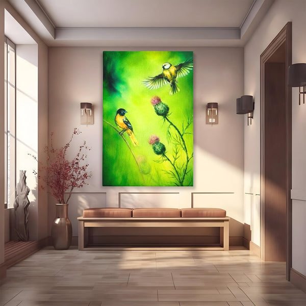 Tablou Canvas Premium, LuxCanva® M1038, Verde in Doi Timpi, Verde, Primavara, Vegetatie, Ciulini, Pasari, Zbor, Iarba, Natura, Contrast, Birou, Living, Camera Copil