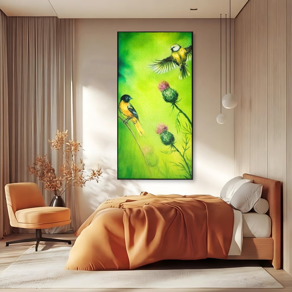 Tablou Canvas Premium, LuxCanva® M1038, Verde in Doi Timpi, Verde, Primavara, Vegetatie, Ciulini, Pasari, Zbor, Iarba, Natura, Contrast, Birou, Living, Camera Copil