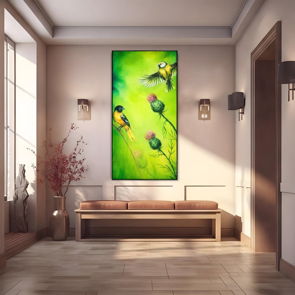 Tablou Canvas Premium, LuxCanva® M1038, Verde in Doi Timpi, Verde, Primavara, Vegetatie, Ciulini, Pasari, Zbor, Iarba, Natura, Contrast, Birou, Living, Camera Copil