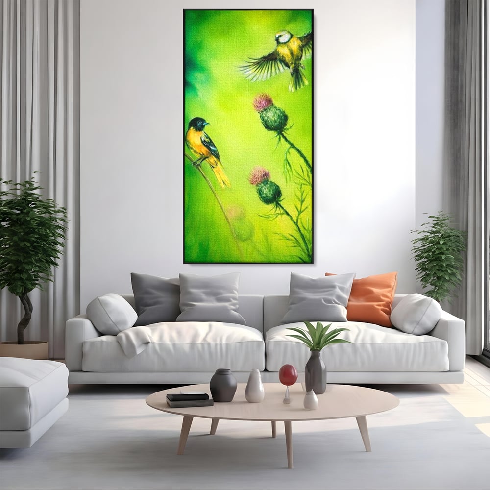 Tablou Canvas Premium, LuxCanva® M1038, Verde in Doi Timpi, Verde, Primavara, Vegetatie, Ciulini, Pasari, Zbor, Iarba, Natura, Contrast, Birou, Living, Camera Copil