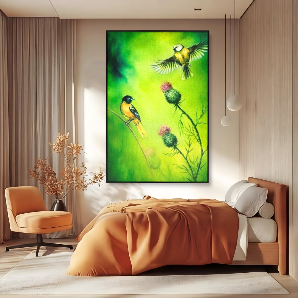 Tablou Canvas Premium, LuxCanva® M1038, Verde in Doi Timpi, Verde, Primavara, Vegetatie, Ciulini, Pasari, Zbor, Iarba, Natura, Contrast, Birou, Living, Camera Copil