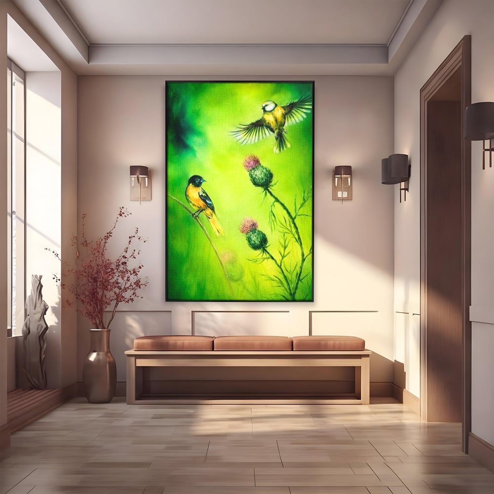 Tablou Canvas Premium, LuxCanva® M1038, Verde in Doi Timpi, Verde, Primavara, Vegetatie, Ciulini, Pasari, Zbor, Iarba, Natura, Contrast, Birou, Living, Camera Copil