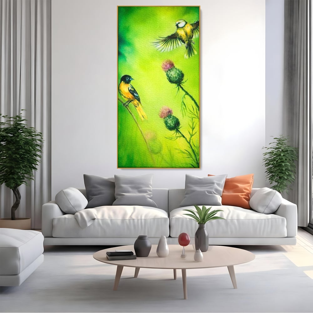 Tablou Canvas Premium, LuxCanva® M1038, Verde in Doi Timpi, Verde, Primavara, Vegetatie, Ciulini, Pasari, Zbor, Iarba, Natura, Contrast, Birou, Living, Camera Copil