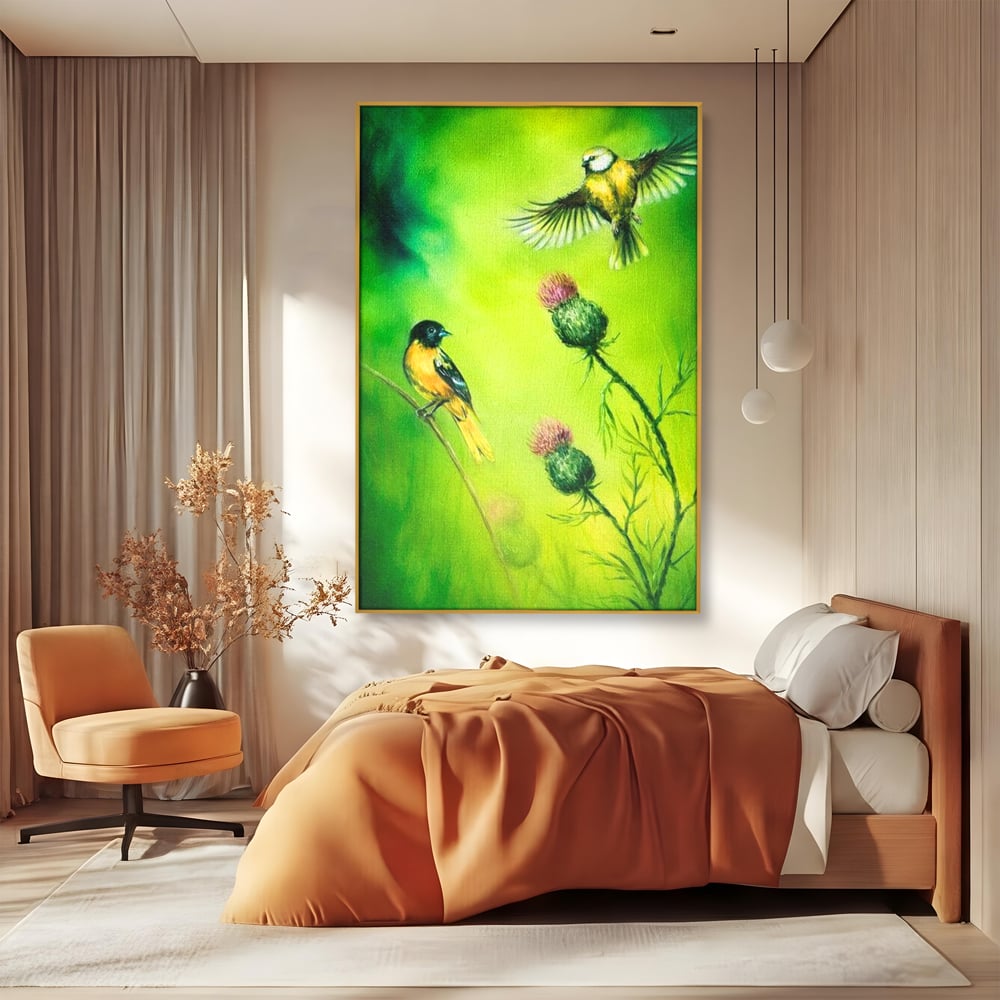Tablou Canvas Premium, LuxCanva® M1038, Verde in Doi Timpi, Verde, Primavara, Vegetatie, Ciulini, Pasari, Zbor, Iarba, Natura, Contrast, Birou, Living, Camera Copil