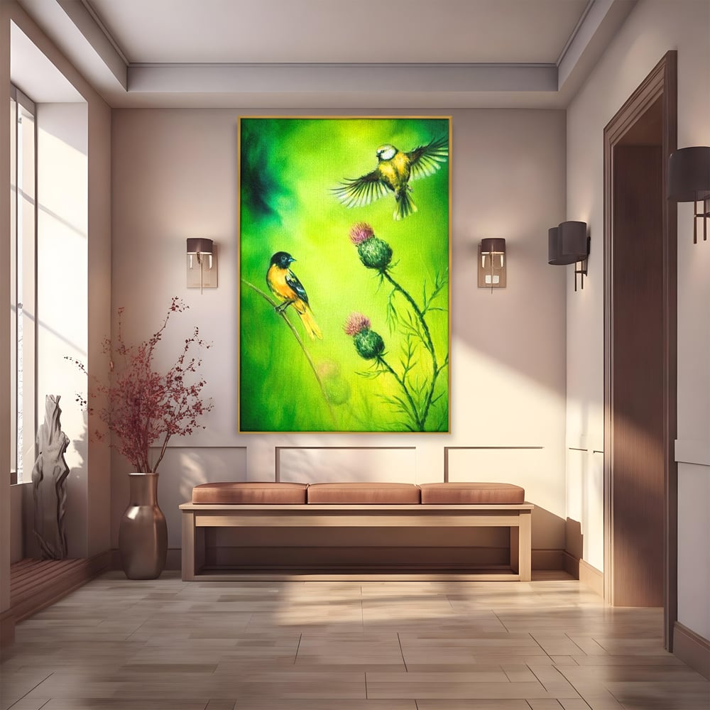 Tablou Canvas Premium, LuxCanva® M1038, Verde in Doi Timpi, Verde, Primavara, Vegetatie, Ciulini, Pasari, Zbor, Iarba, Natura, Contrast, Birou, Living, Camera Copil