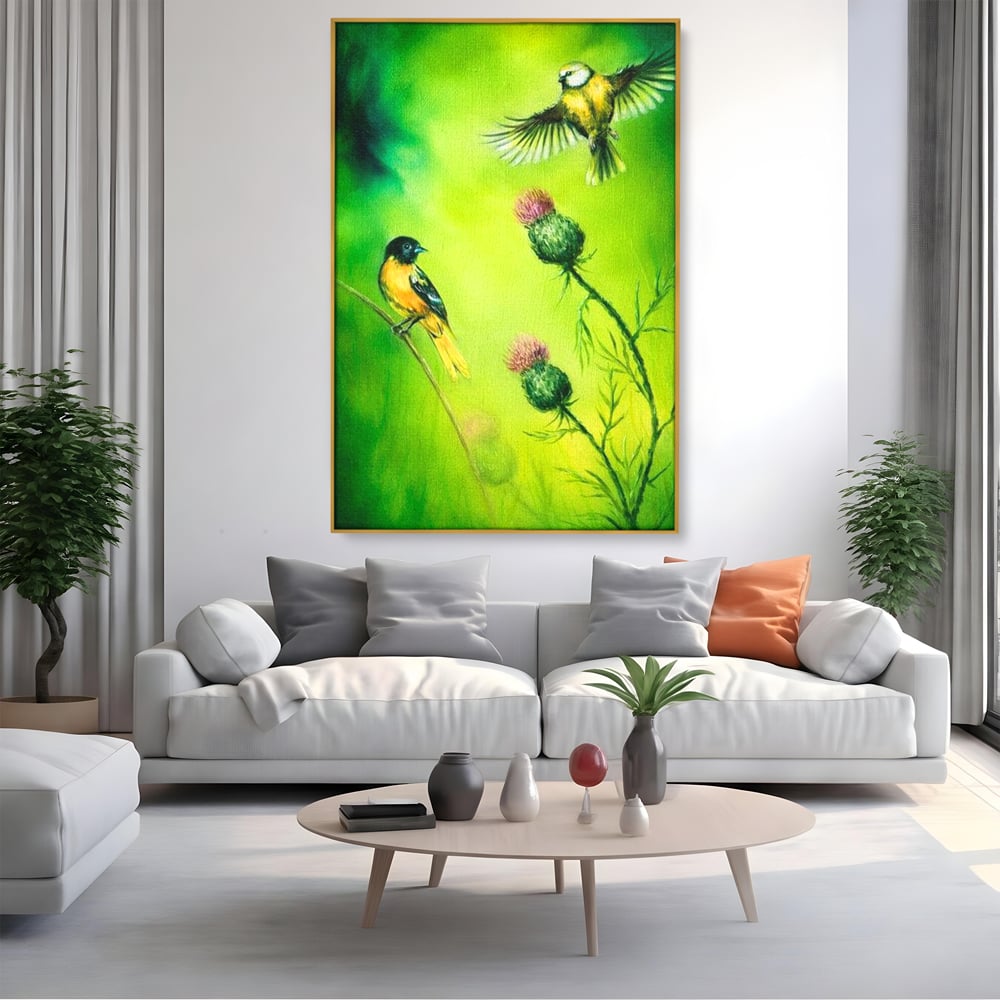 Tablou Canvas Premium, LuxCanva® M1038, Verde in Doi Timpi, Verde, Primavara, Vegetatie, Ciulini, Pasari, Zbor, Iarba, Natura, Contrast, Birou, Living, Camera Copil