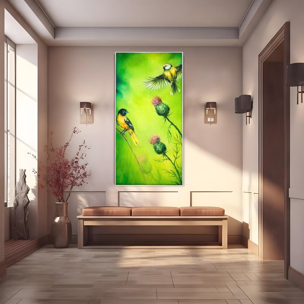Tablou Canvas Premium, LuxCanva® M1038, Verde in Doi Timpi, Verde, Primavara, Vegetatie, Ciulini, Pasari, Zbor, Iarba, Natura, Contrast, Birou, Living, Camera Copil
