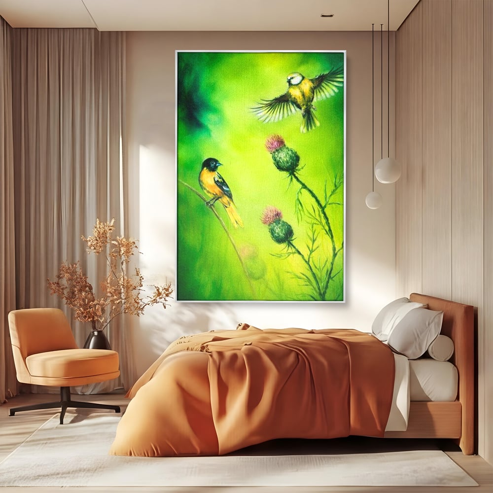 Tablou Canvas Premium, LuxCanva® M1038, Verde in Doi Timpi, Verde, Primavara, Vegetatie, Ciulini, Pasari, Zbor, Iarba, Natura, Contrast, Birou, Living, Camera Copil