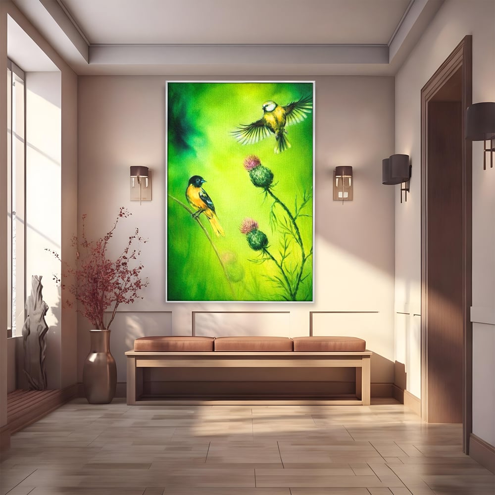 Tablou Canvas Premium, LuxCanva® M1038, Verde in Doi Timpi, Verde, Primavara, Vegetatie, Ciulini, Pasari, Zbor, Iarba, Natura, Contrast, Birou, Living, Camera Copil