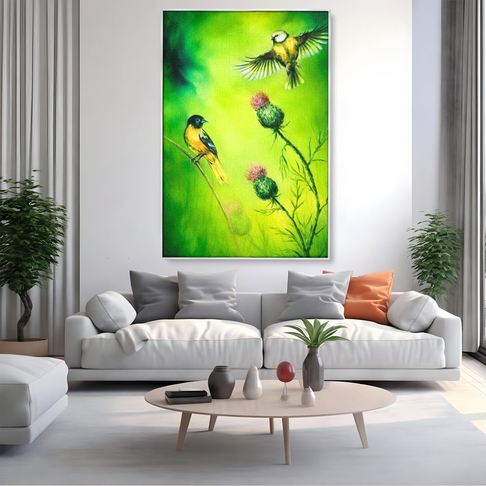 Tablou Canvas Premium, LuxCanva® M1038, Verde in Doi Timpi, Verde, Primavara, Vegetatie, Ciulini, Pasari, Zbor, Iarba, Natura, Contrast, Birou, Living, Camera Copil